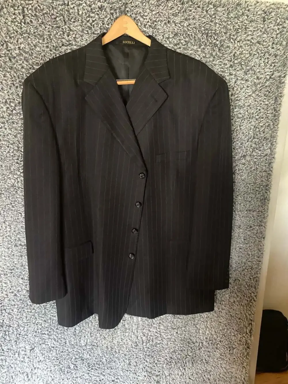 Lucelli Men's Navy Blue Pinstripe Blazer Jacket, Super 100's Wool, Made in Italy